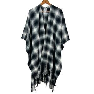 Ecote Poncho Shawl Wrap Knit Cape Plaid Soft Fringe